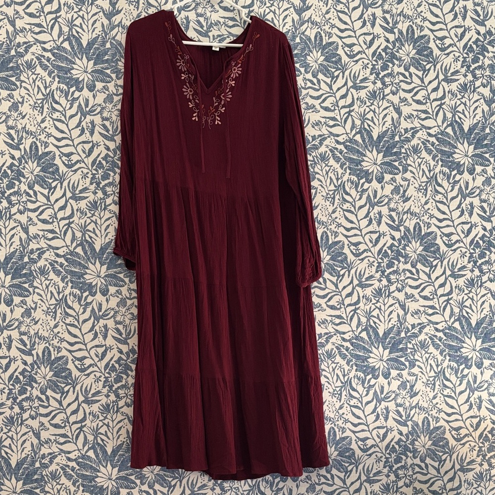 beachlunchlounge Long Sleeve Embroidered Boho Dress in Deep Burgundy